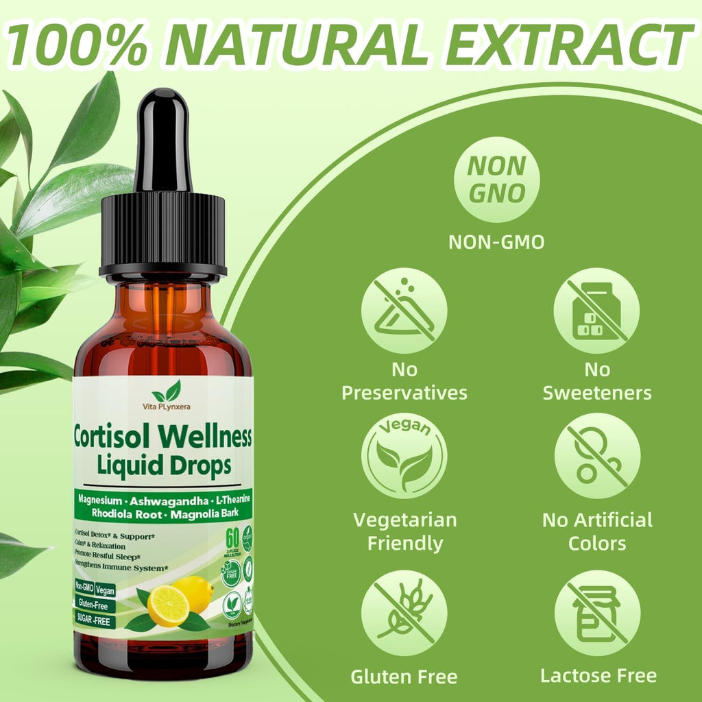 Vita Plynxera Cortisol Supplement Liquid Drops, 17-In-1 Cortisol Detox W. Magnesium Glycinate 400Mg Ashwagandha, L-Theanine, Phosphatidylserine, Hormone Balanced for Women, Mood Focus, Sleep Support