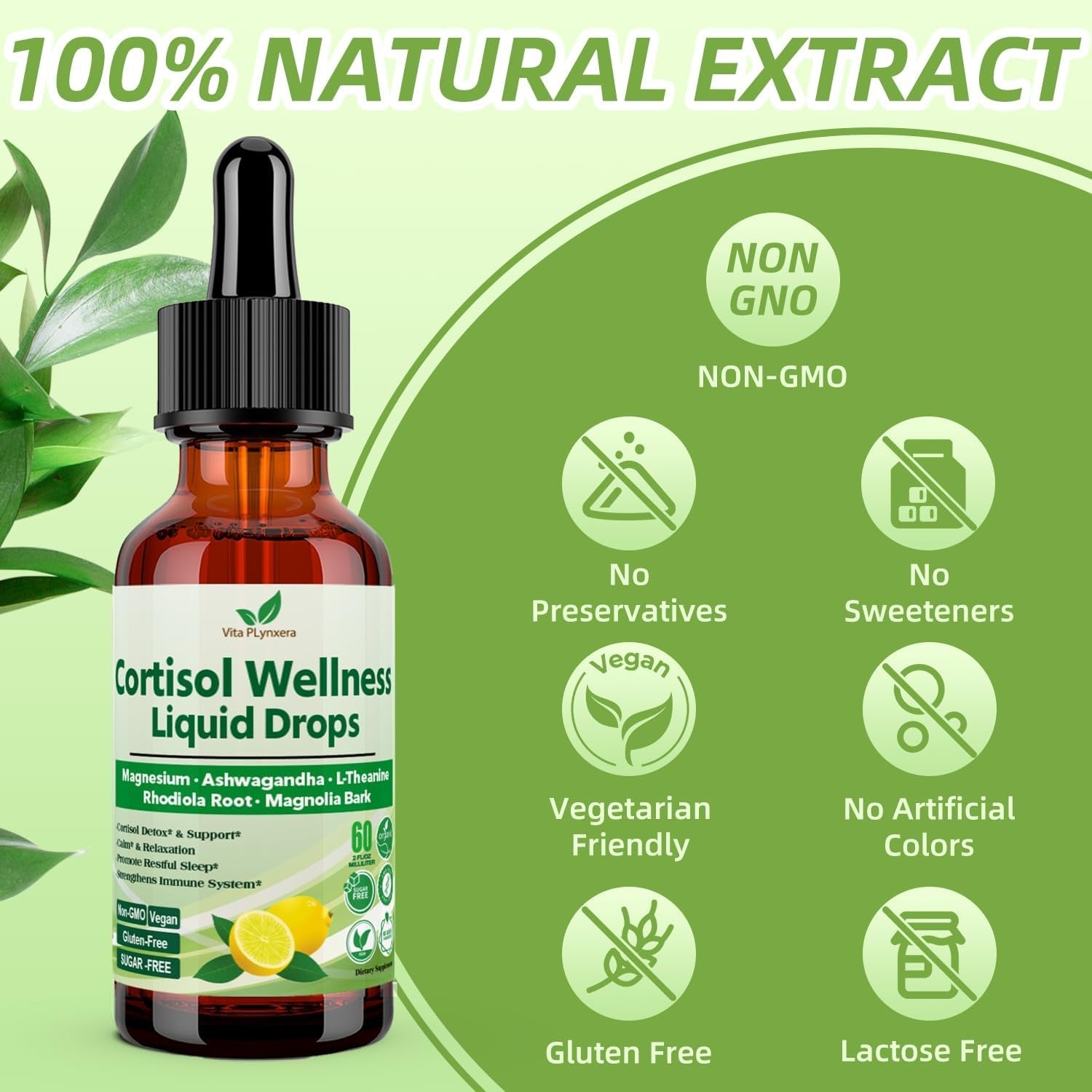 Vita Plynxera Cortisol Supplement Liquid Drops, 17-In-1 Cortisol Detox W. Magnesium Glycinate 400Mg Ashwagandha, L-Theanine, Phosphatidylserine, Hormone Balanced for Women, Mood Focus, Sleep Support