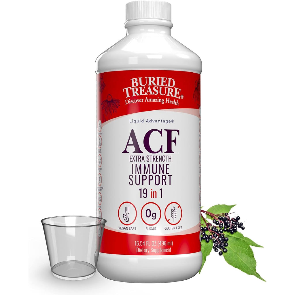 Buried Treasure ACF Extra Strength Liquid Immune Support – 1000Mg Vitamin C, Elderberry, Zinc, Echinacea – Adult Herbal Supplement – Four-Day Use – 16 Fl Oz with Dose Cup