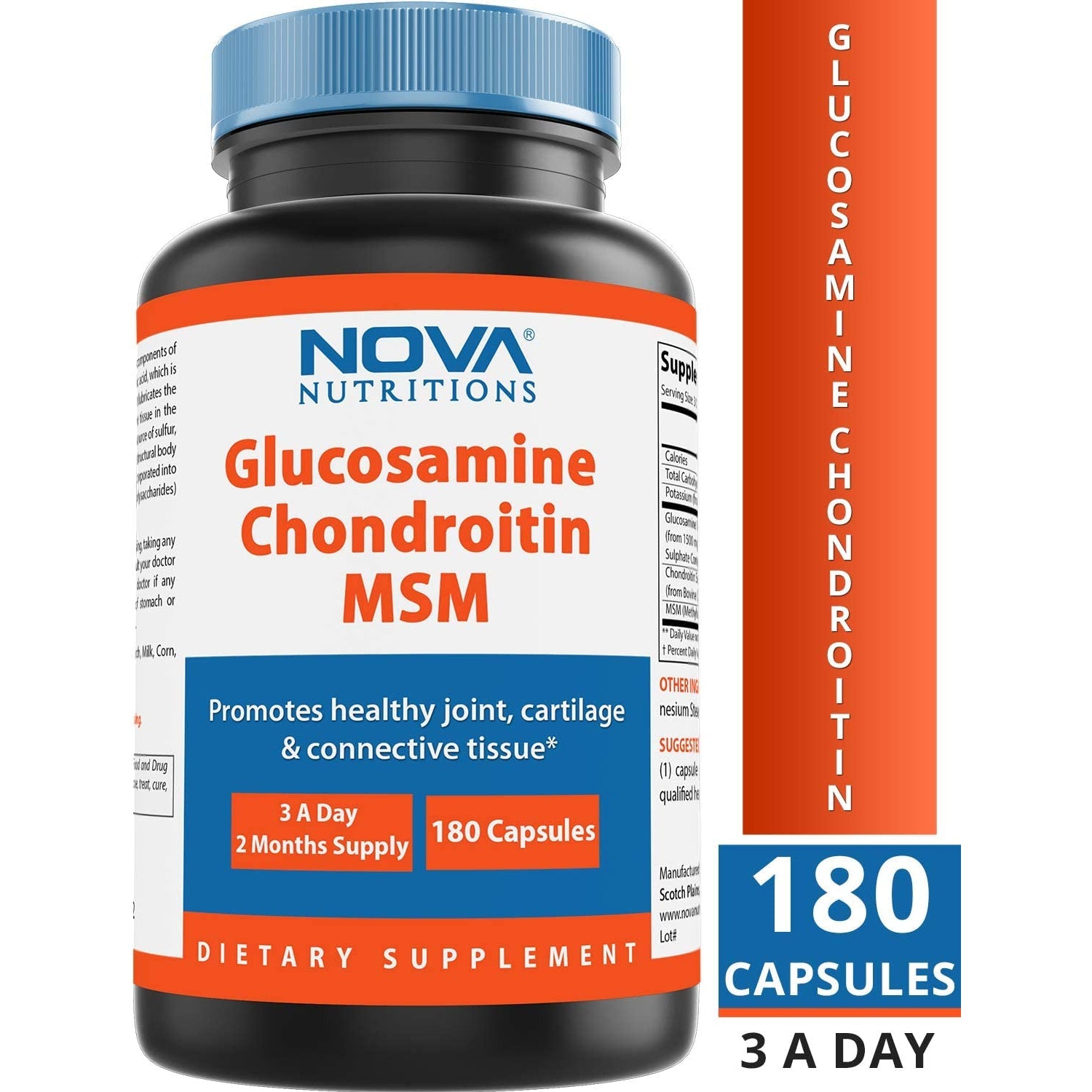 Nova Nutritions Triple Strength Glucosamine Chondroitin MSM 2600Mg/Serving Capsules, Supports Healthy Joint, Cartilage and Connective Tissue - Promotes Joint Comfort & Flexibility 180 Count
