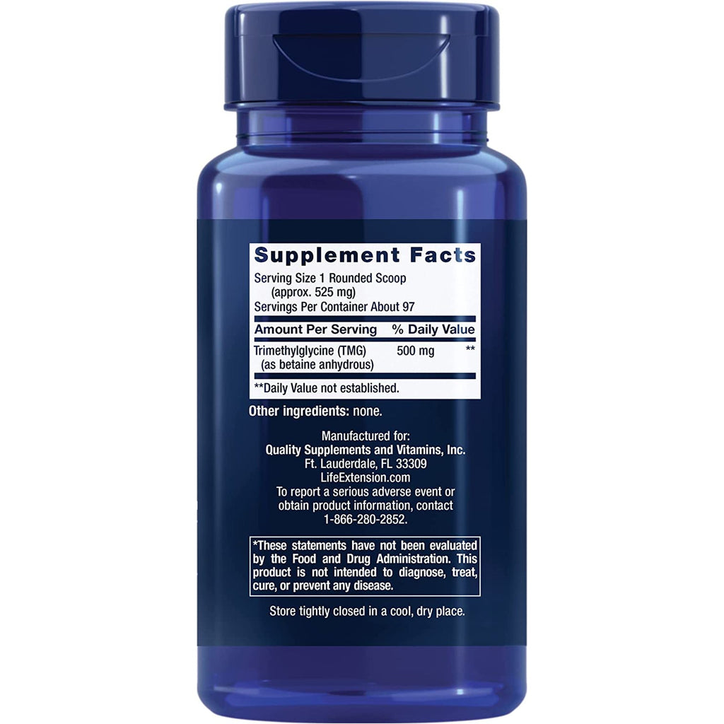 Life Extension TMG Powder – Trimethylglycine – Helps Maintain Normal Homocysteine Levels, Heart Health – Gluten-Free, Non-Gmo, Vegetarian – Net Wt. 50 G (0.11 Lb. or 1.76 Oz.)