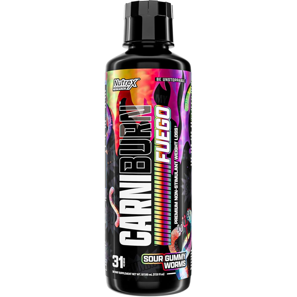 Nutrex Research Carniburn Liquid L Carnitine 3000Mg – Thermogenic Liquid Fat Burner for Men & Women with Mitoburn, Innoslim, GBBGO - Stimulant Free Metabolism Booster - Sour Gummy Worms 31 SV