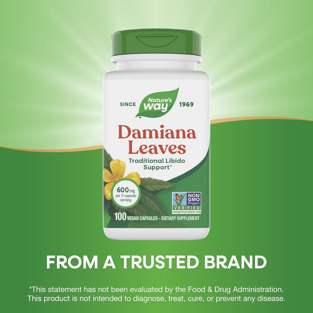 Nature'S Way Damiana Leaves, Traditional Libido Support*, Damiana Leaf Supplement, 600 Mg per 2-Capsule Serving, Non-Gmo Project Verified, Vegan, 100 Capsules (Packaging May Vary)