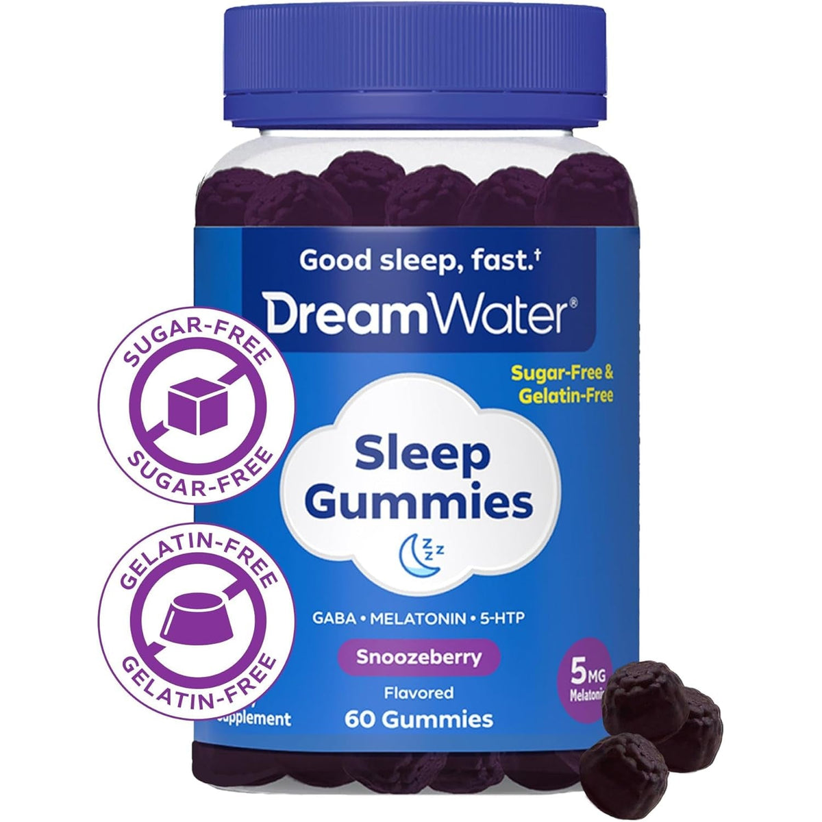 Dream Water Sleep Gummies (60 Count) Sleep Aids for Adults - 5Mg Melatonin, GABA, 5-HTP - Natural Snoozeberry Flavor (Blue Raspberry) - Easy Chew Melatonin Gummies - Sugar Free, Gluten Free, Vegan.