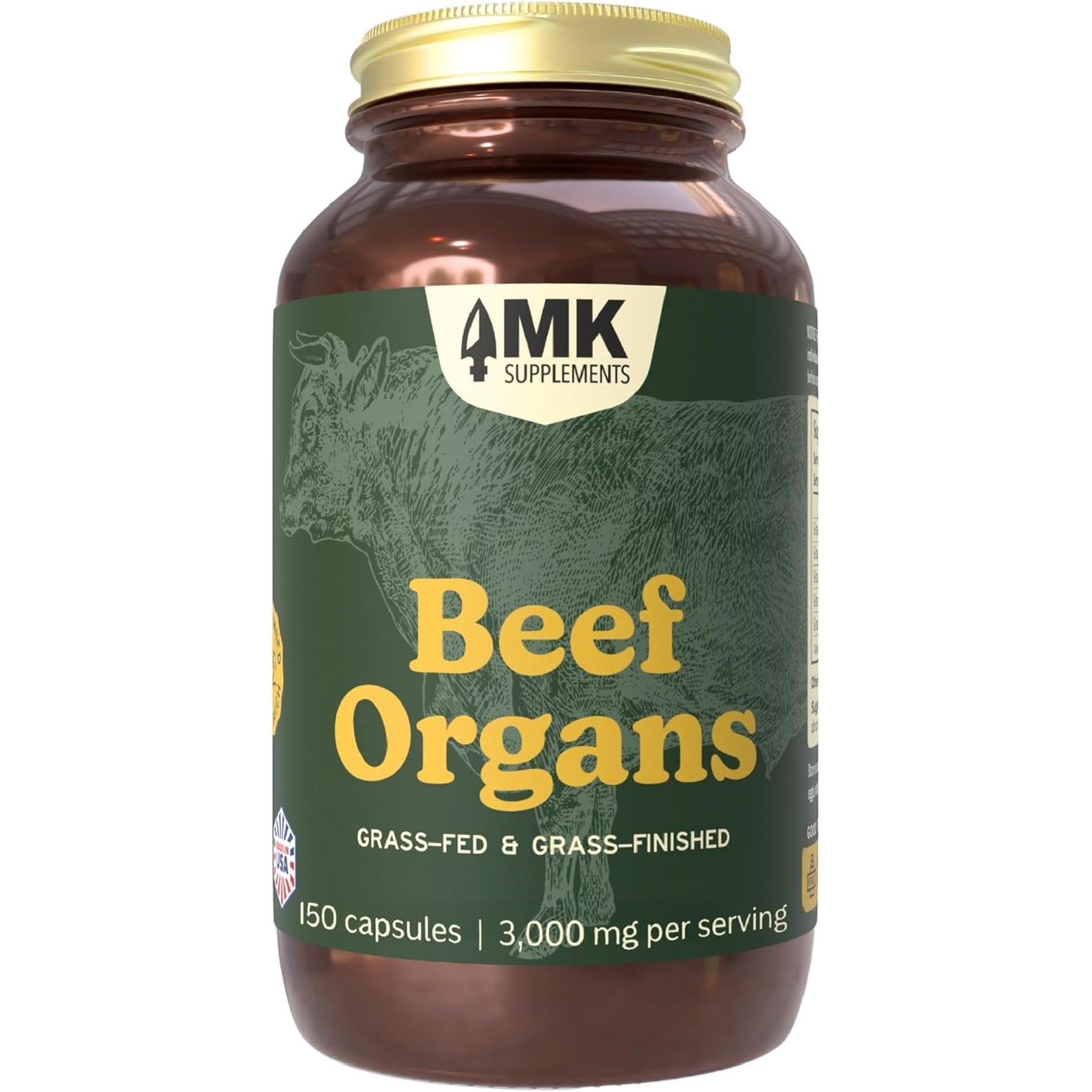 MK Supplements Grass-Fed Beef Organs Capsules | 5 Organs in Nature-Identical Ratios | B12, Copper & Heme Iron | Regeneratively Raised | 150 Capsules