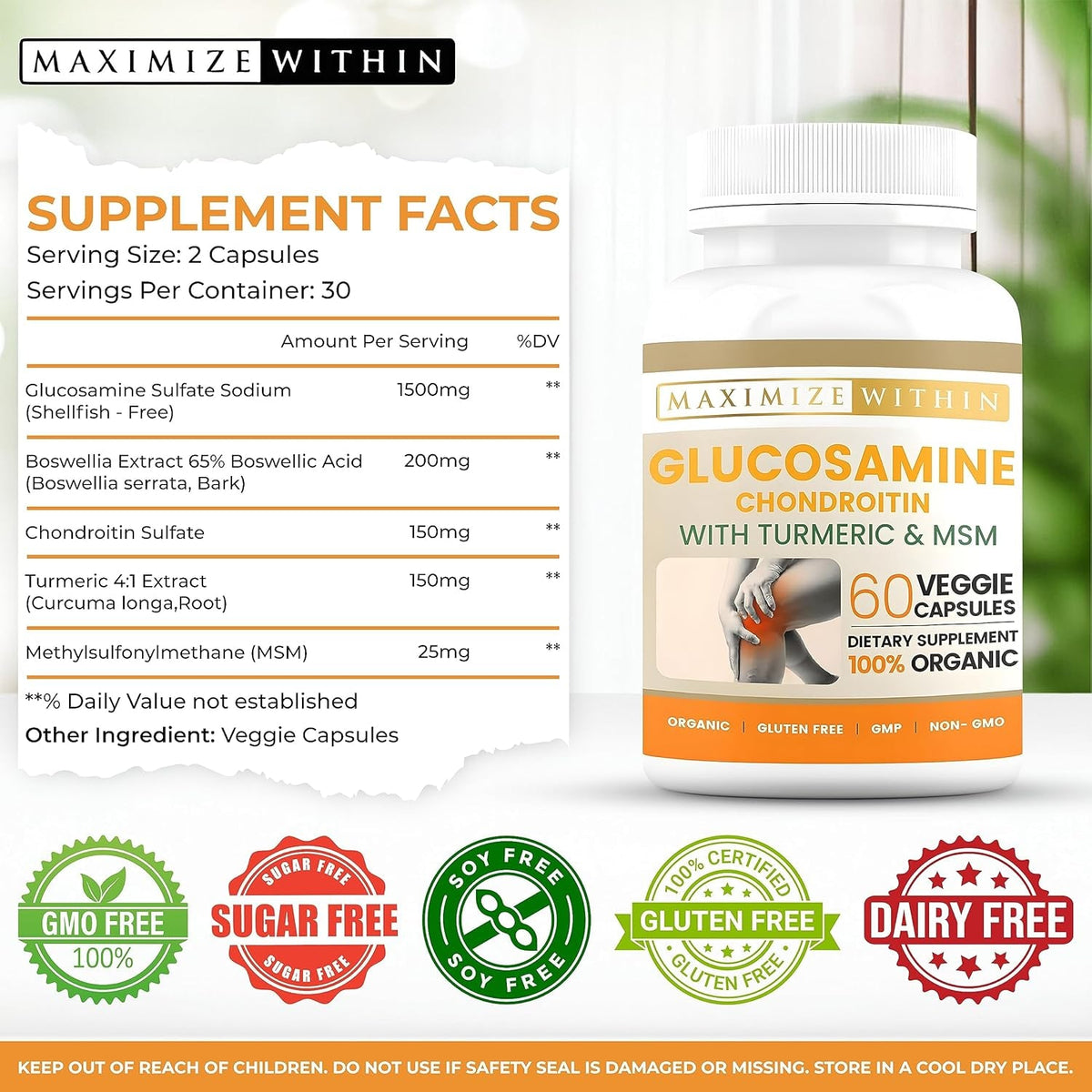 Glucosamine Chondroitin with Turmeric & MSM – Mobility & Flexibility Support – 60 Veggie Capsules