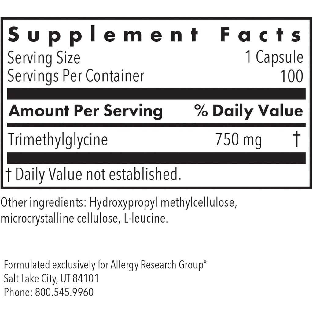 Allergy Research Group ARG TMG Trimethylglycine - Supports Cardiovascular & Liver Health - Delivers 750 Mg Trimethylglycine per Serving - Vegetarian & Hypoallergenic - 100 Servings - 100 Capsules