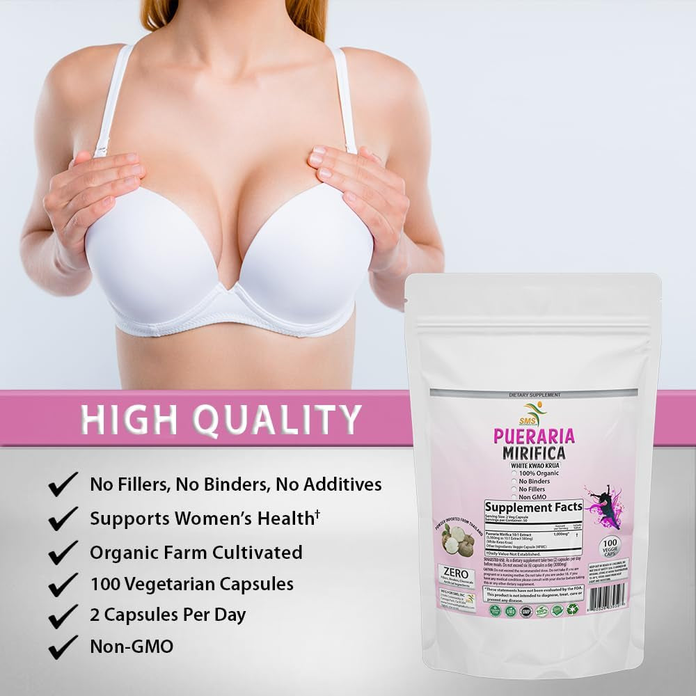 100 Caps Pueraria Mirifica White Extract Powder, 100% 10:1 Potent, Organic, 1,000Mg per Servings, Non GMO from Thailand, Premium Quality, Vegan