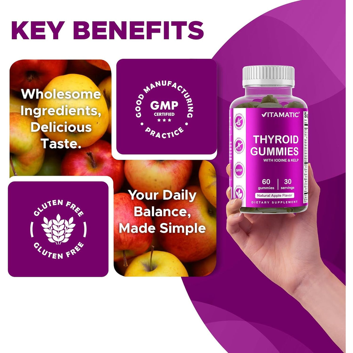 Vitamatic Vegan Thyroid Support Gummies with Iodine & Kelp – 60 Count Improve Your Energy & Increase Metabolism – Plant-Based