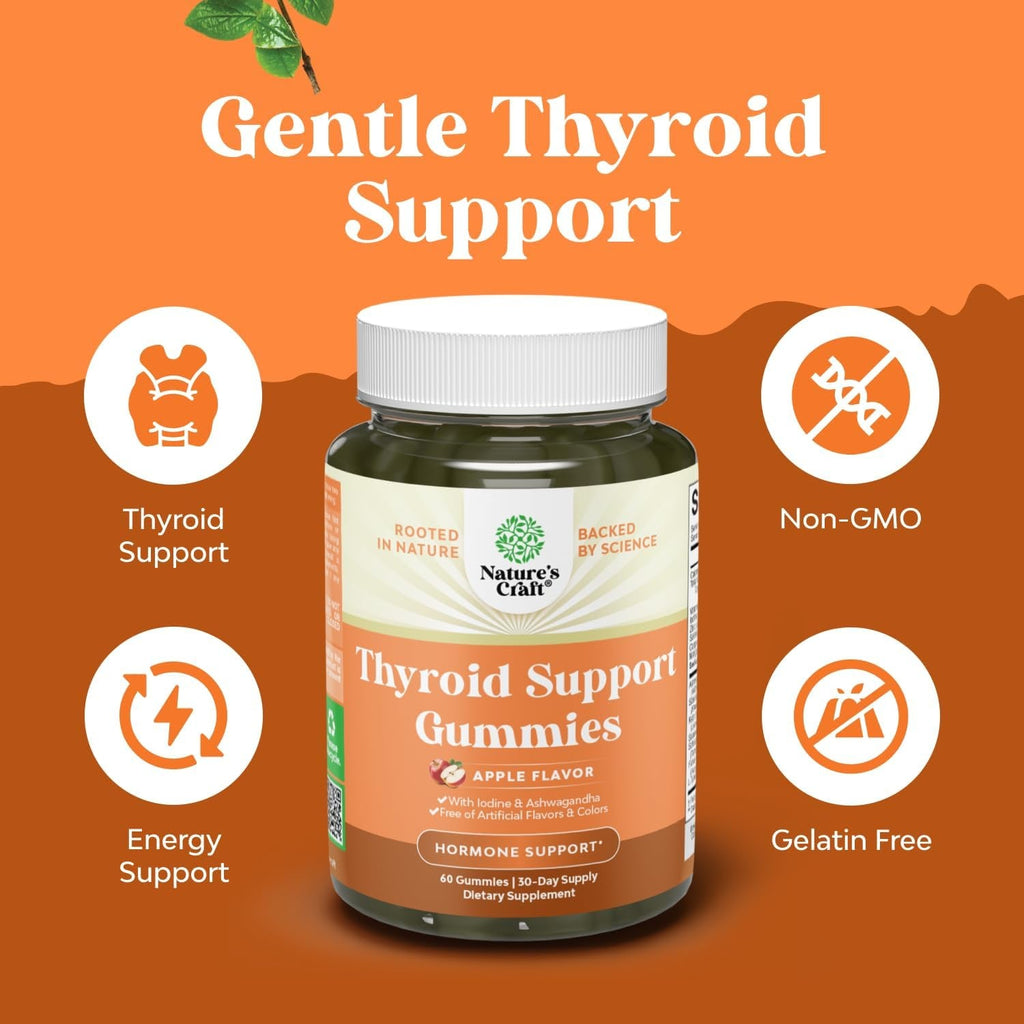 Natures Craft Thyroid Support Gummies - Thyroid Support Gummies for Comprehensive Support for Men and Women with Iodine Selenium and Other Potent Vitamins - Gelatin-Free Non-Gmo - 60 Count