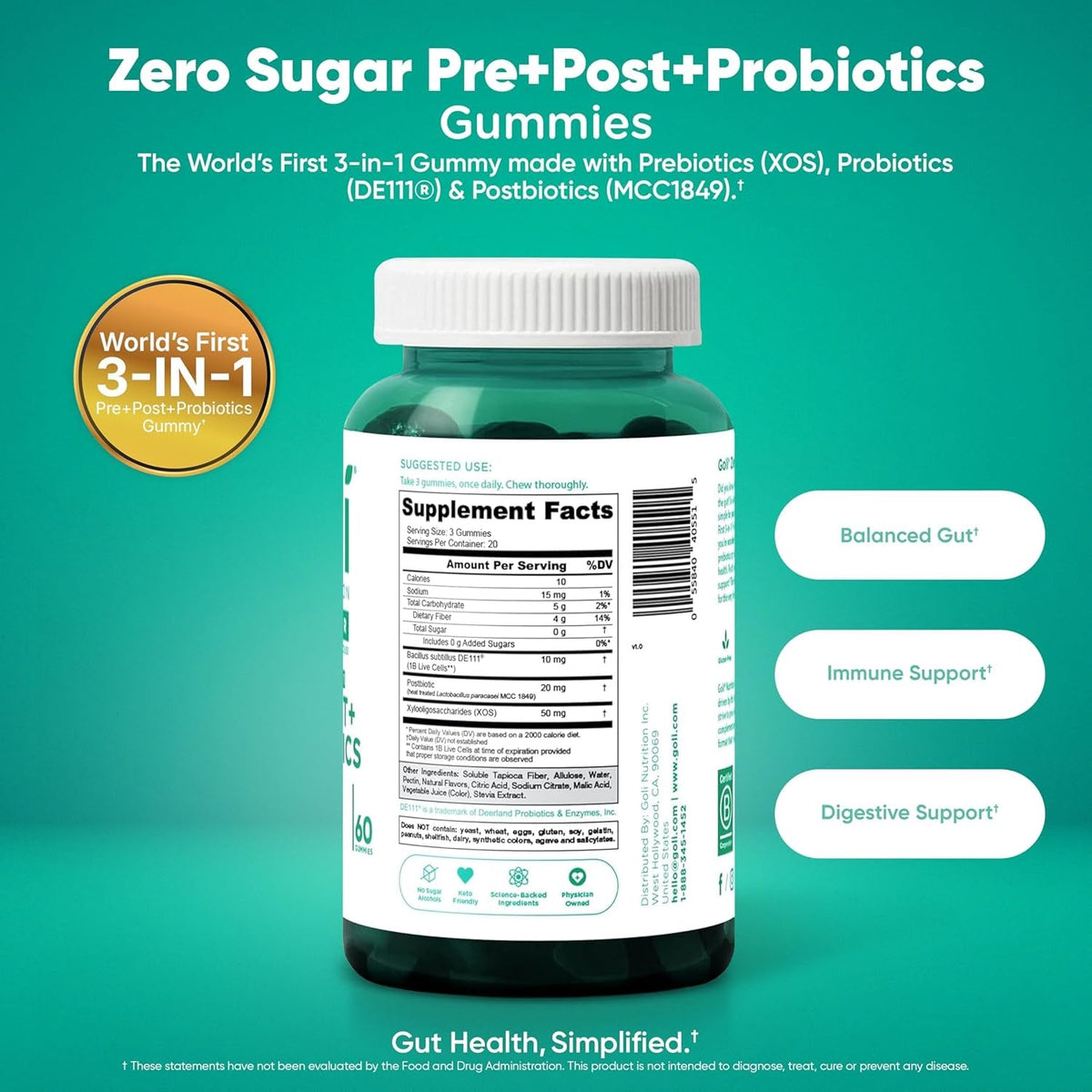 Goli Zero Sugar Trio - World'S First 3-In-1 Pre, Post, Probiotic, Apple Cider Vinegar with Vitamin B12 and Probiotics, Ashwagandha & L-Theanine, Vitamin D Gummies, 90 Count (3-Bottle Set)