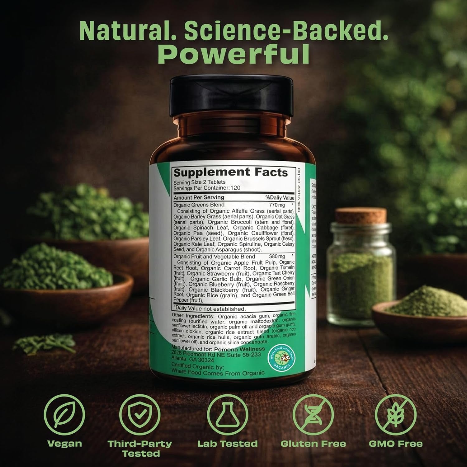 Pomona Wellness Super Greens Supplement, Full of Superfood Vitamins & Minerals, Fruits & Vegetable, Greens Powder for Bloating and Digestion, Gut Health, USDA Organic, Non-Gmo, 120 Tablets