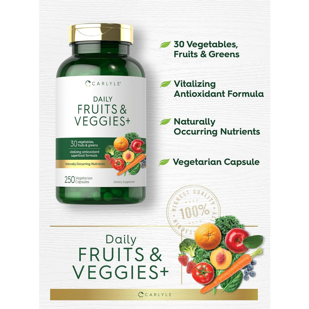 Carlyle Fruits and Veggies Supplement | 250 Capsules | Made with 30 Fruits and Vegetables | Vegetarian, Non-Gmo, Gluten Free Superfood Formula
