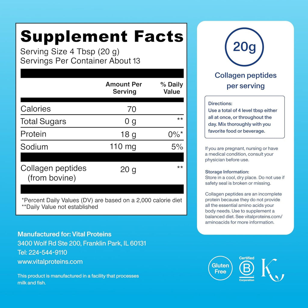 Vital Proteins Collagen Peptides Powder - Supports Hair, Nail, Skin, Bone & Joint Health, Unflavored, Collagen Protein 9.33 OZ