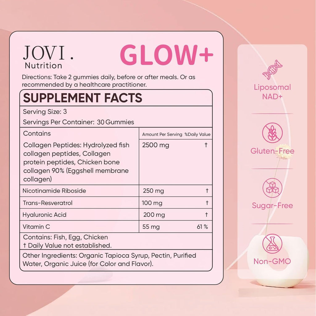 Jovi Glow+ NAD+ & Collagen Gummies, Multi-Type Hydrolyzed Collagen Peptides, Resveratrol, Hyaluronicacid, Vitaminc, Supplement for Skin, Hair, Nails, 90 Count (1, A)