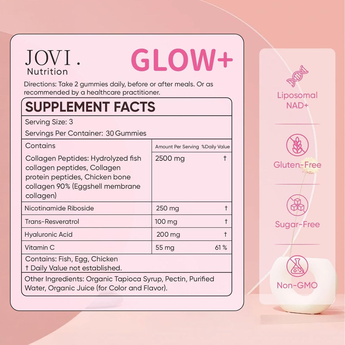 Jovi Glow+ NAD+ & Collagen Gummies, Multi-Type Hydrolyzed Collagen Peptides, Resveratrol, Hyaluronicacid, Vitaminc, Supplement for Skin, Hair, Nails, 90 Count (1, A)