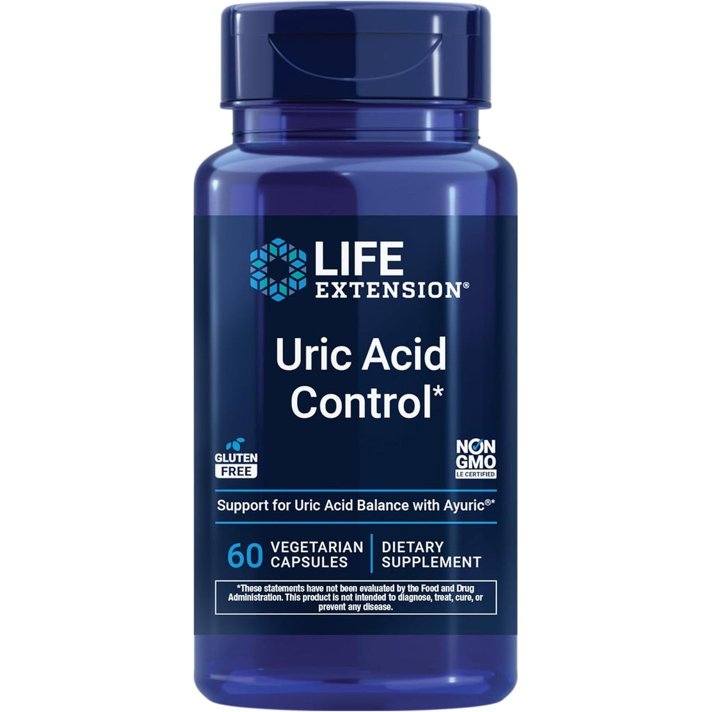 Life Extension Uric Acid Control, Promotes Healthy Uric Acid Balance, Joint Health, Discomfort Relief, Gluten Free, Non-Gmo, Vegetarian, 60 Capsules
