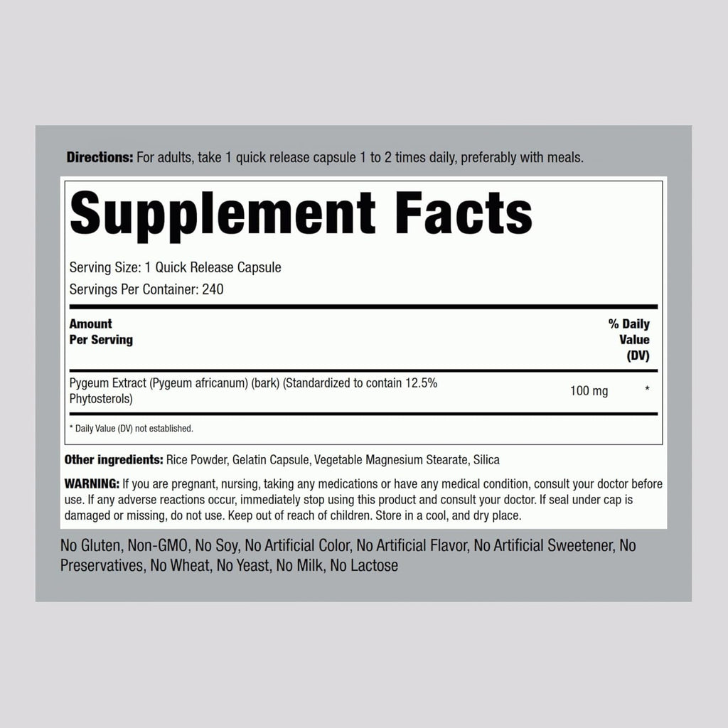 Piping Rock Pygeum | 100Mg | 240 Capsules | Supplement for Men & Women | Pygeum Africanum Bark Extract | Ultra Standardized Phytosterols | Non-Gmo, Gluten Free