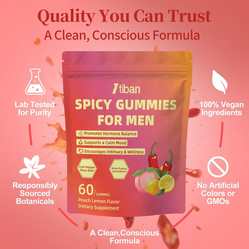 Spicy Gummies Cubes for Couples, Adults Hot Peach Gummy with Chili Pepper, Muira Puama, Maca Root and Epimedium, Plant-Based Daily Wellness Support, Vegan, Non-Gmo – 60 Gummies