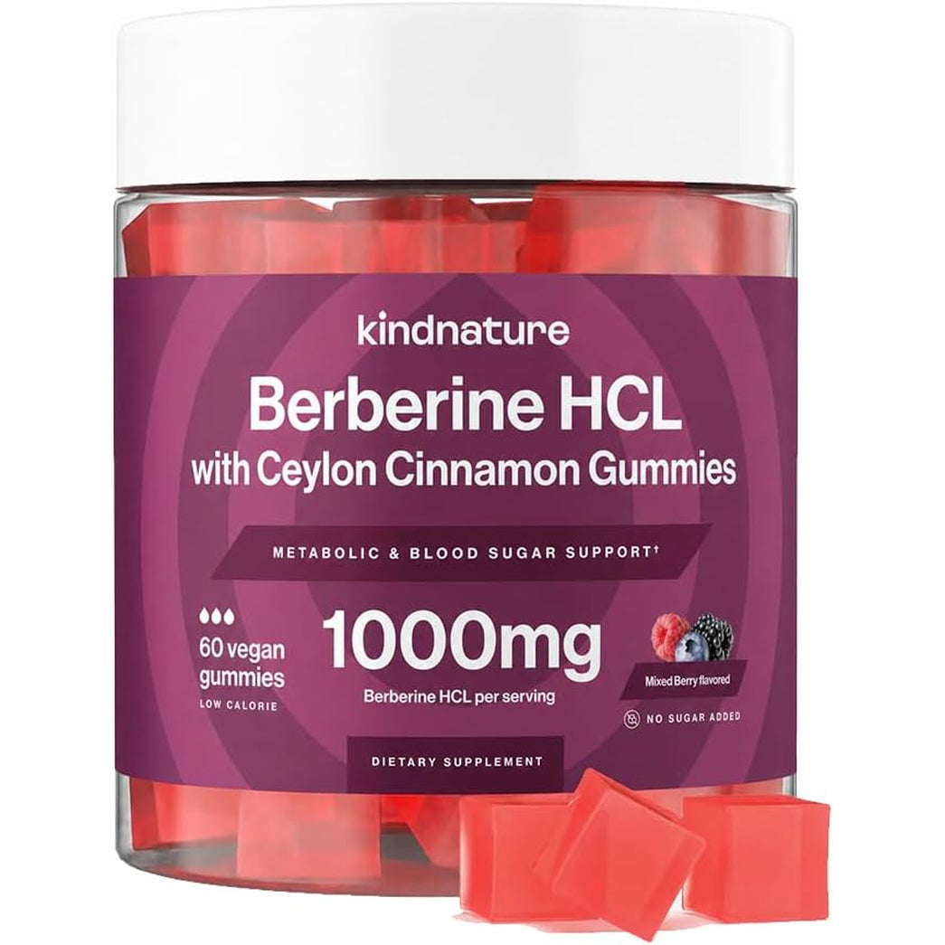 Kindnature Berberine Gummies 1000Mg with Ceylon Cinnamon & Resveratrol – 6-In-1 Blood Sugar Support Supplement – Metabolism & Weight Wellness – Sugar-Free, Vegan, Non-Gmo