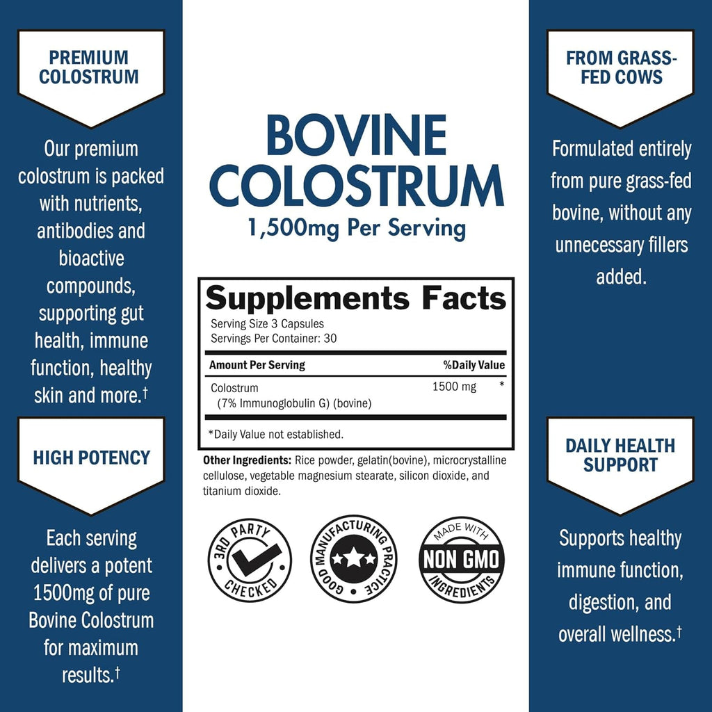 Colostrum Supplement Extra Strength 1500Mg per Serving - Grass Fed Colostrum Capsules from Bovine First Milking, Supports Gut Health and Immunity for Women and Men - Non-Gmo, Gluten Free, 90 Count