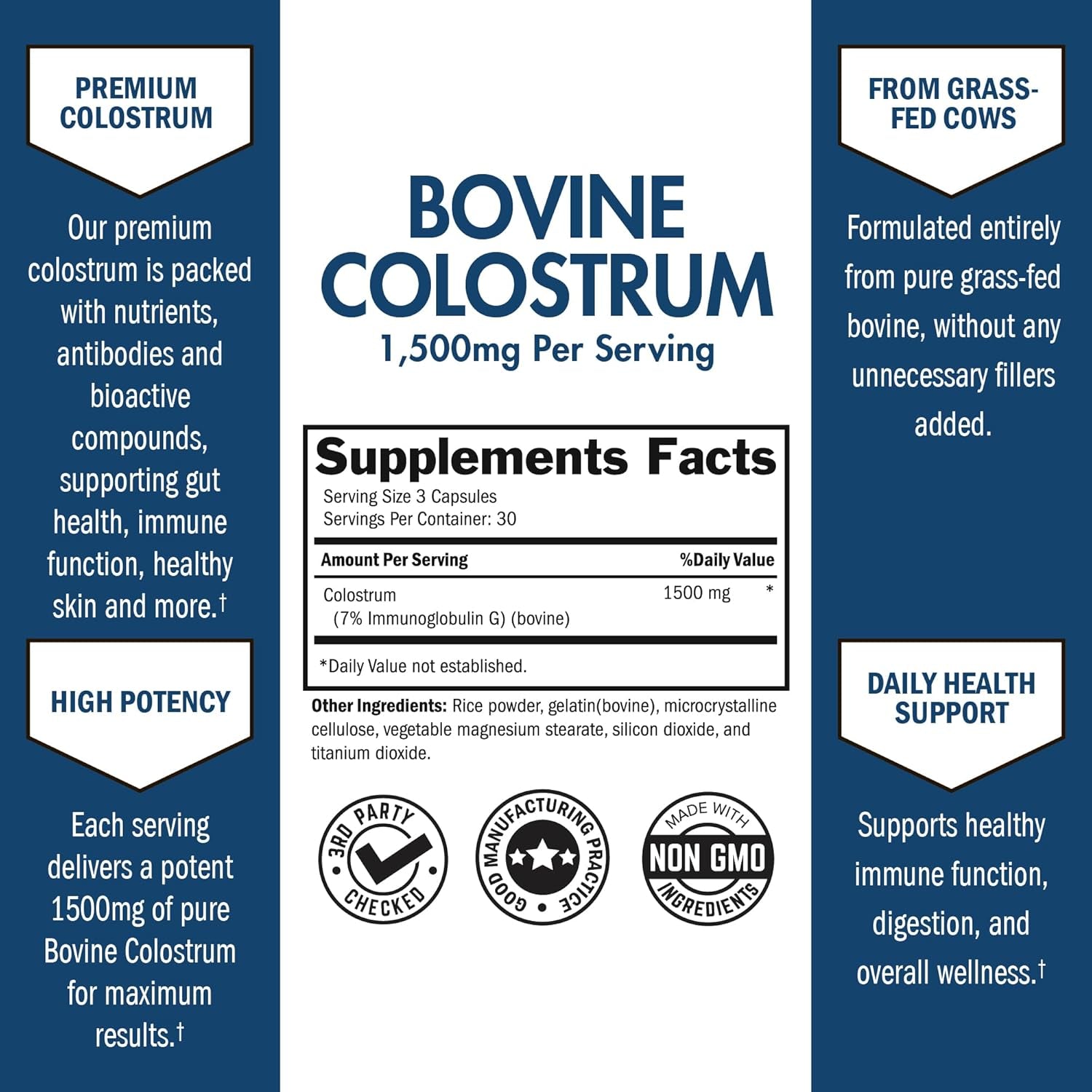 Colostrum Supplement Extra Strength 1500Mg per Serving - Grass Fed Colostrum Capsules from Bovine First Milking, Supports Gut Health and Immunity for Women and Men - Non-Gmo, Gluten Free, 90 Count