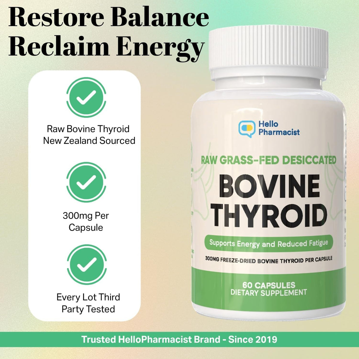 Raw Desiccated Bovine Thyroid 300Mg per Capsule - Energy & Metabolism Support - New Zealand Sourced, Grass Fed Freeze-Dried Glandular Bovine Beef Thyroid, Non-Gmo, Tested for Impurities - 60 Capsules