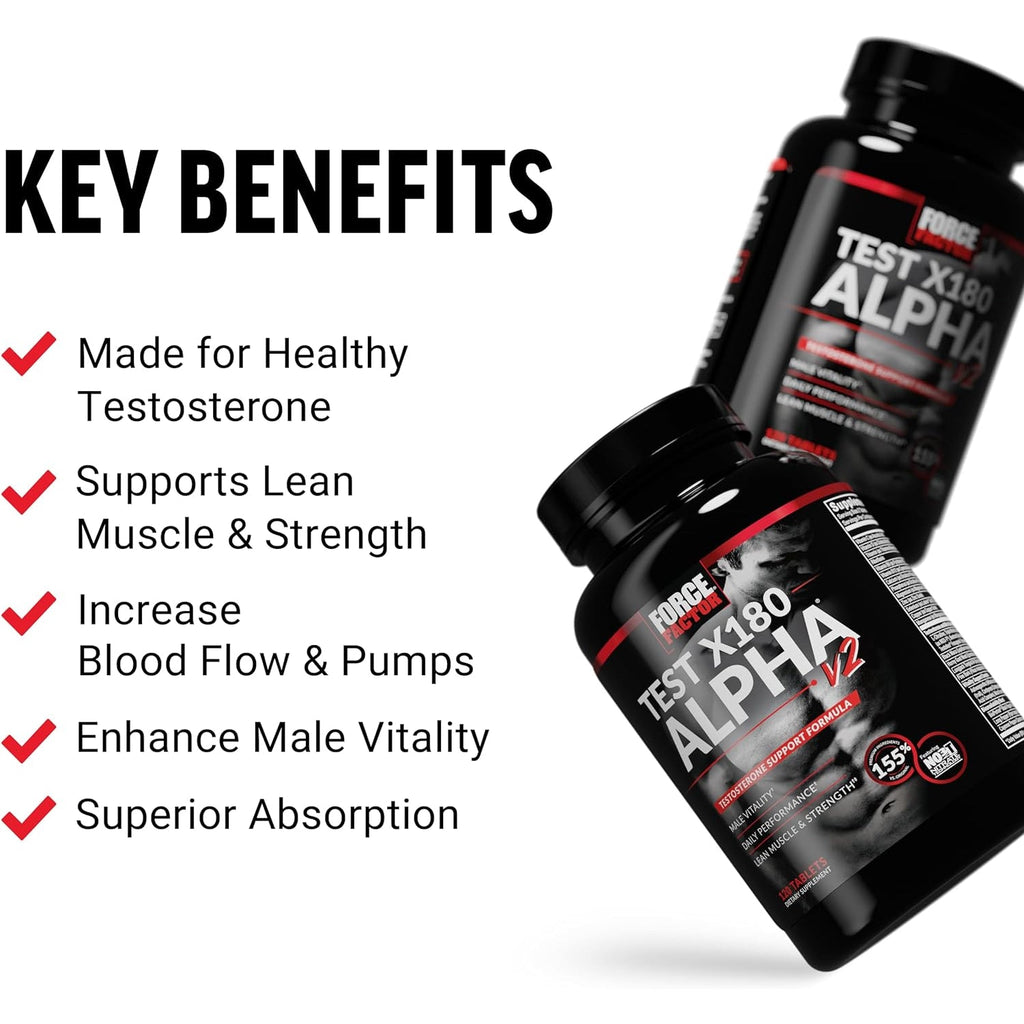 Force Factor Test X180 Alpha V2 T-Support for Men, T-Supplement to Help Build Strength, Boost Nitric Oxide, and Support Daily Performance, 120 Tablets