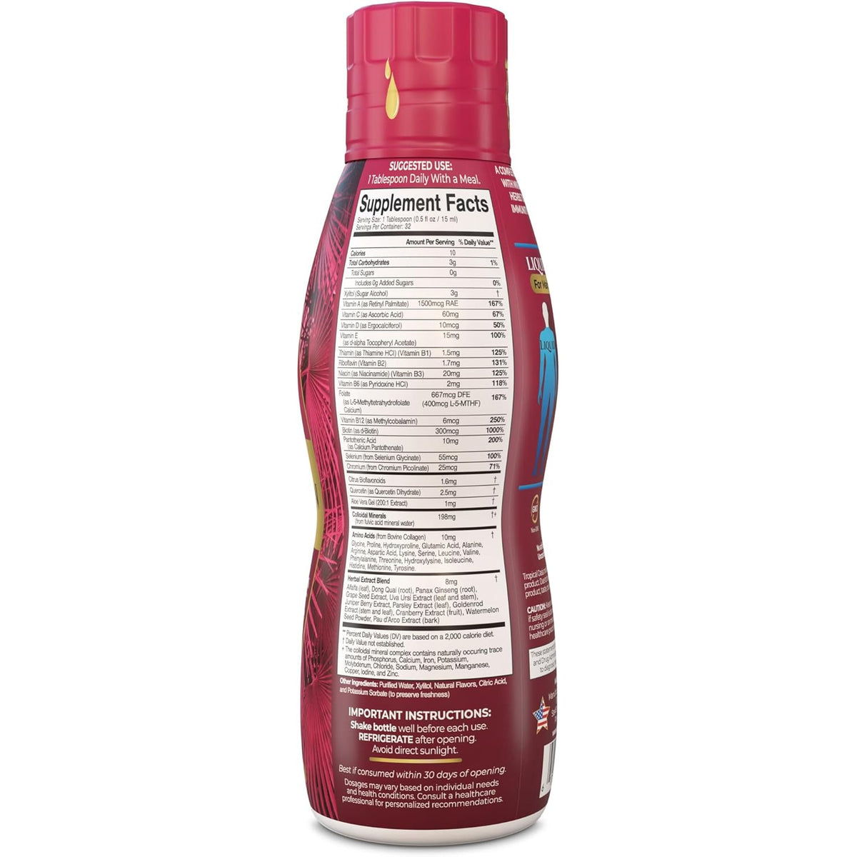 Tropical Oasis Adult Liquid Multivitamin -Liquid Multi-Vitamin and Mineral Supplement with 125 Total Nutrients Including; 85 Vitamins & Minerals, 23 Amino Acids, and 18 Herbs - 16 Fl Oz, 32 Serv
