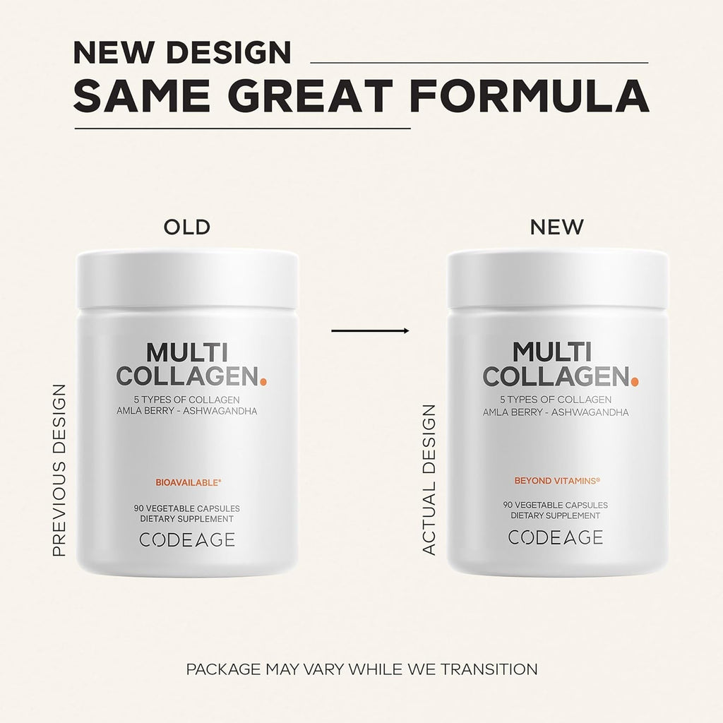 Codeage Multi Collagen Peptides Protein Capsules, 5 Collagen Types, Grass-Fed & Hydrolyzed Bovine Collagen Pills Supplement, Ashwagandha, Amla Berry Vitamins, Collagen Peptides - 90 Capsules