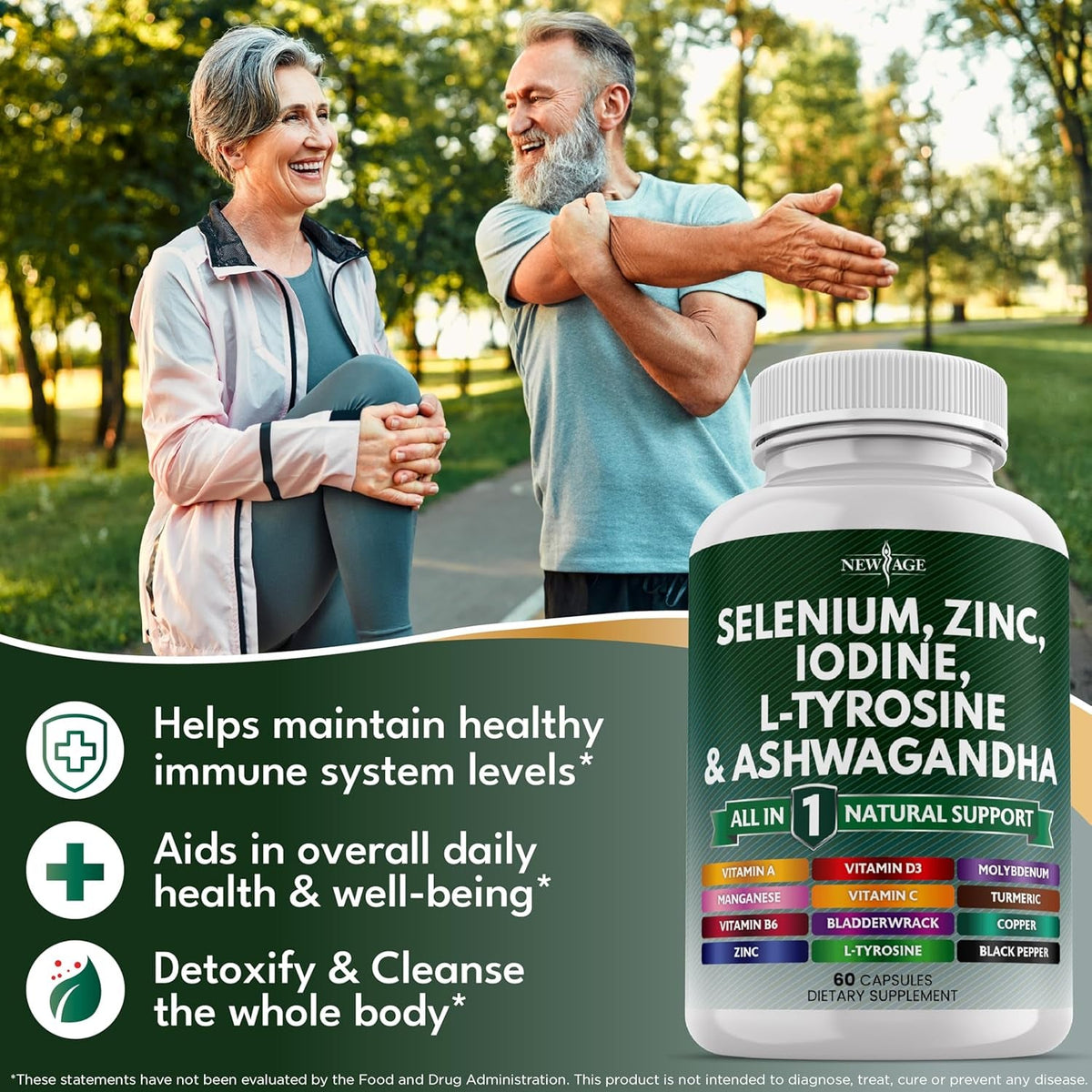NEW AGE Selenium, Zinc, Iodine, L Tyrosine, Ashwagandha - Supplement for Women and Men with Bladderwrack, Turmeric, Silica Kelp, Schisandra - 120 Count