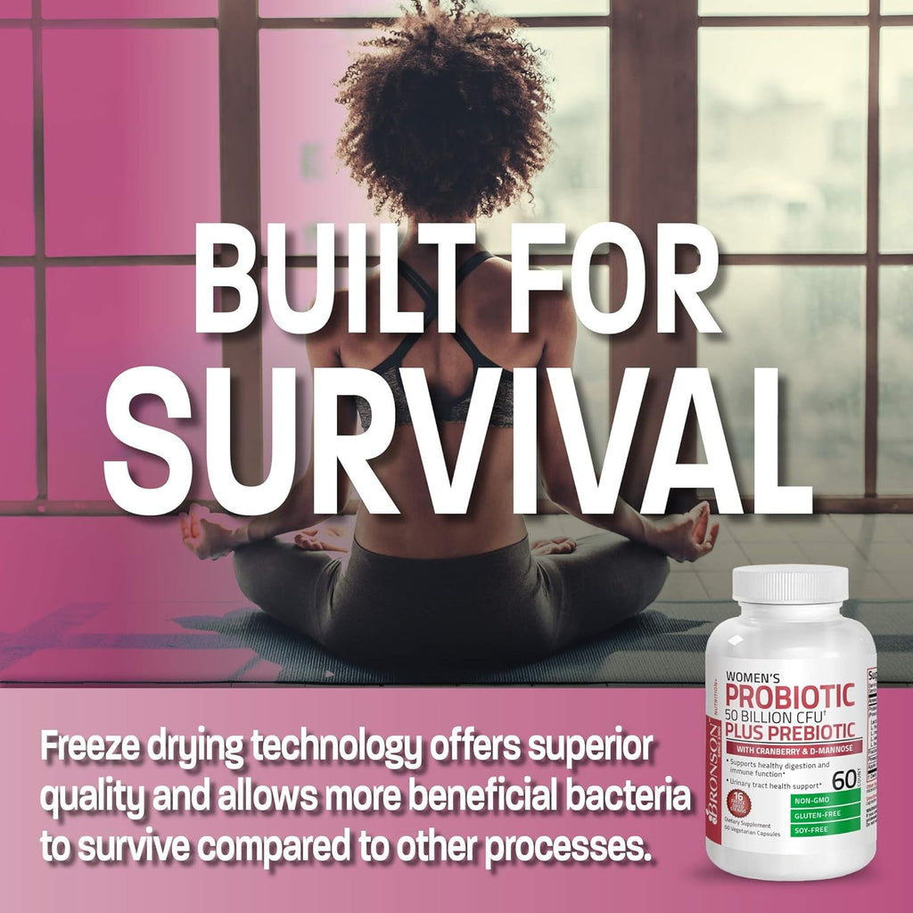 Bronson Women'S Probiotic 50 Billion CFU + Prebiotic with Cranberry & D-Mannose – Vaginal Health, Healthy Digestion, Immune Function and Urinary Tract Support, Non-Gmo, 60 Vegetarian Capsules
