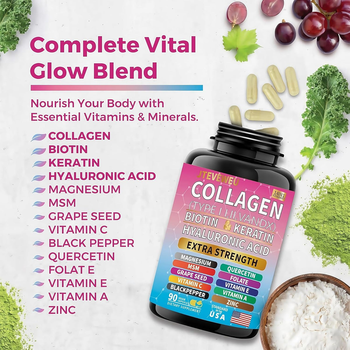 Collagen Supplement - Types I, II, III, V & X, MCG Biotin, Keratin, Hyaluronic Acid, Zinc, Grape Seed Extract, Quercetin, Vitamin A, Vitamin C, Vitamin E, Magnesium, Folic Acid（90 Capsules）