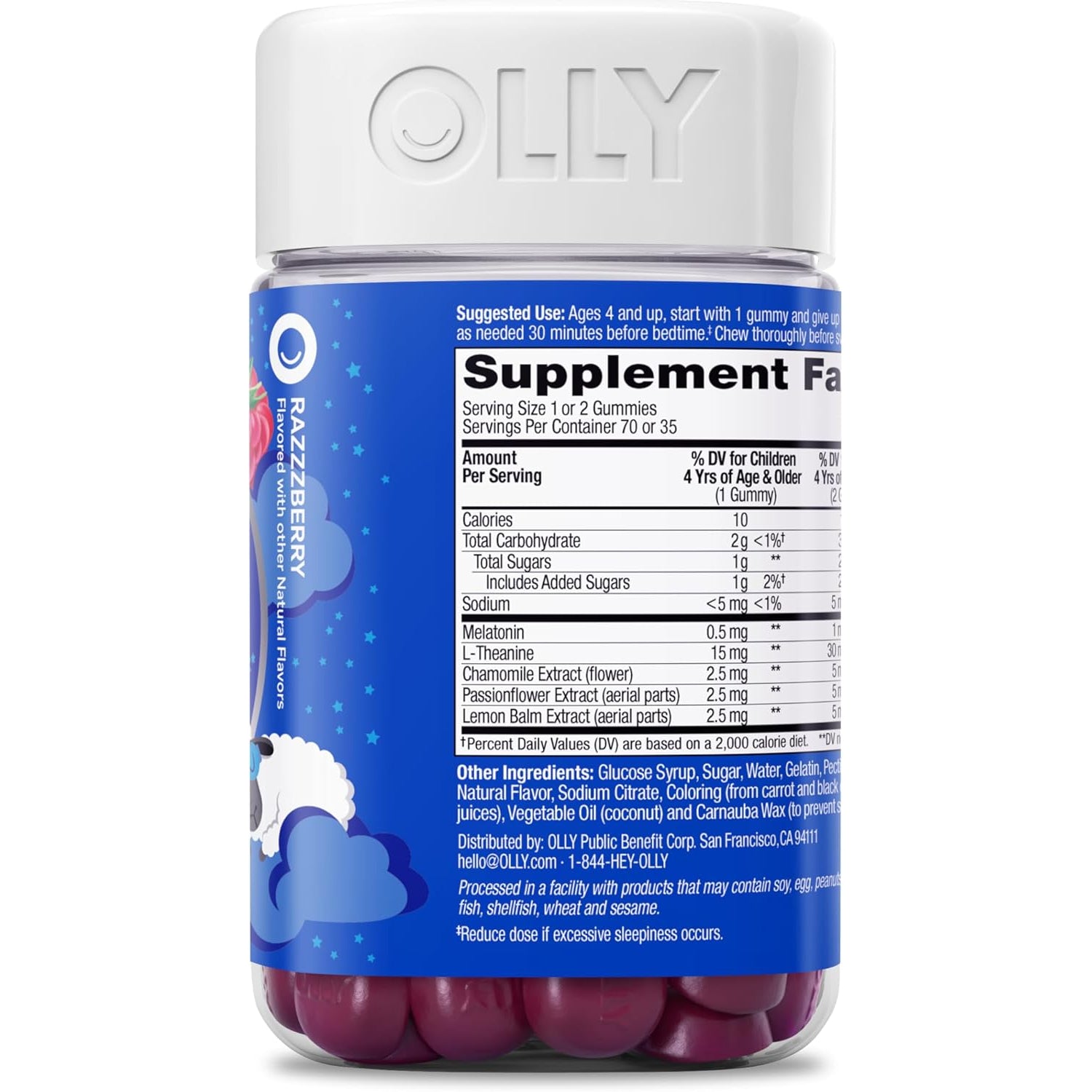 OLLY Kids Sleep Gummies, 0.5Mg Melatonin, L Theanine, Chamomile, and Lemon Balm, Raspberry - 70 Count