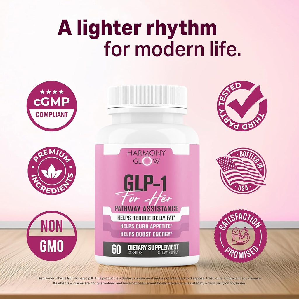 Harmony Glow GLP-1 | Promotes Weight Loss for Women, Helps Appetite Control & Promotes Energy - Assists Metabolic Pathways Linked to GLP-1 Signaling & Fat Loss - 3Rd Party Tested Supplement - 60 Pills