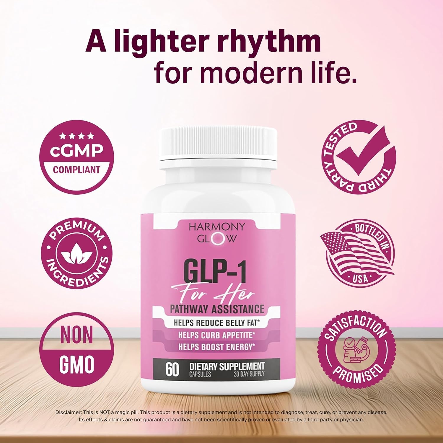 Harmony Glow GLP-1 | Promotes Weight Loss for Women, Helps Appetite Control & Promotes Energy - Assists Metabolic Pathways Linked to GLP-1 Signaling & Fat Loss - 3Rd Party Tested Supplement - 60 Pills