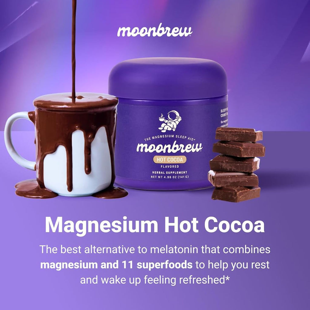 Moonbrew Magnesium Hot Cocoa Sleep Aid - Melatonin-Free Nighttime Drink Mix with Zinc Glycinate & Taurate - Sugar-Free Sleepy Hot Chocolate for Relaxation, Stress & Deep Rest - 25 Servings