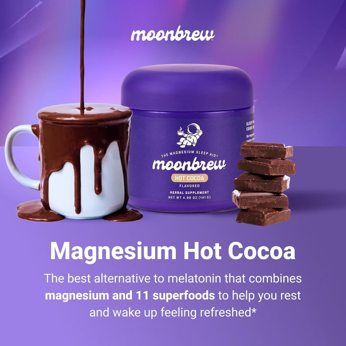 Moonbrew Magnesium Hot Cocoa Sleep Aid - Melatonin-Free Nighttime Drink Mix with Zinc Glycinate & Taurate - Sugar-Free Sleepy Hot Chocolate for Relaxation, Stress & Deep Rest - 25 Servings