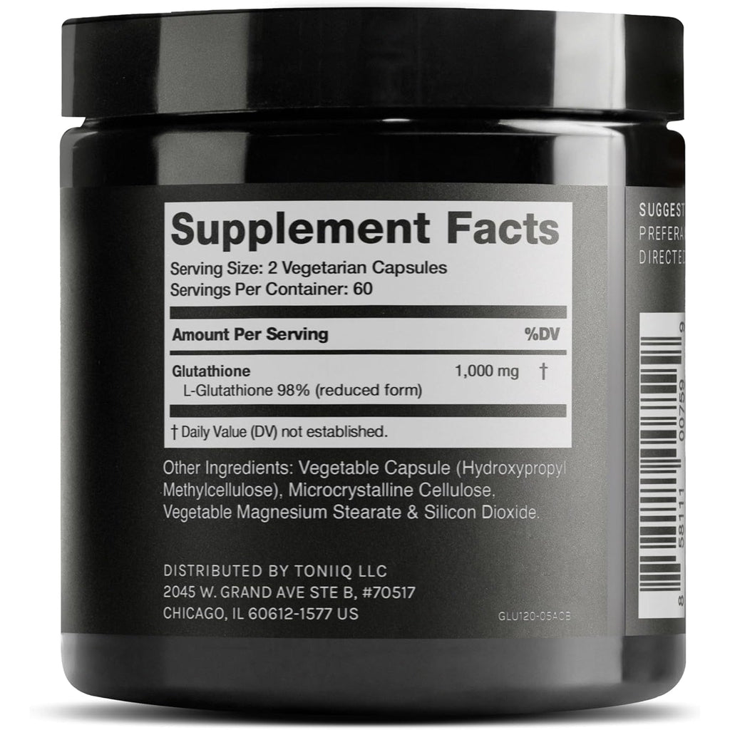 Toniiq Ultra High Strength Glutathione Capsules - 1000Mg Concentrated Formula - 98%+ Highly Purified and Bioavailable - Non-Gmo Fermentation - 120 Capsules Reduced Glutathione Supplement