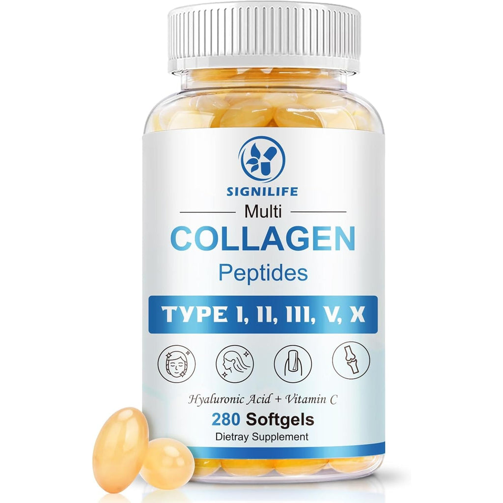 Multi Collagen Peptides for Women & Men, Hydrolyzed Collagen Peptides-Type I, II, III, V, X - with Hyaluronic Acid,Vitamin C,Biotin,Supports Skin Hair Nail, Non-Gmo, 280 Softgels