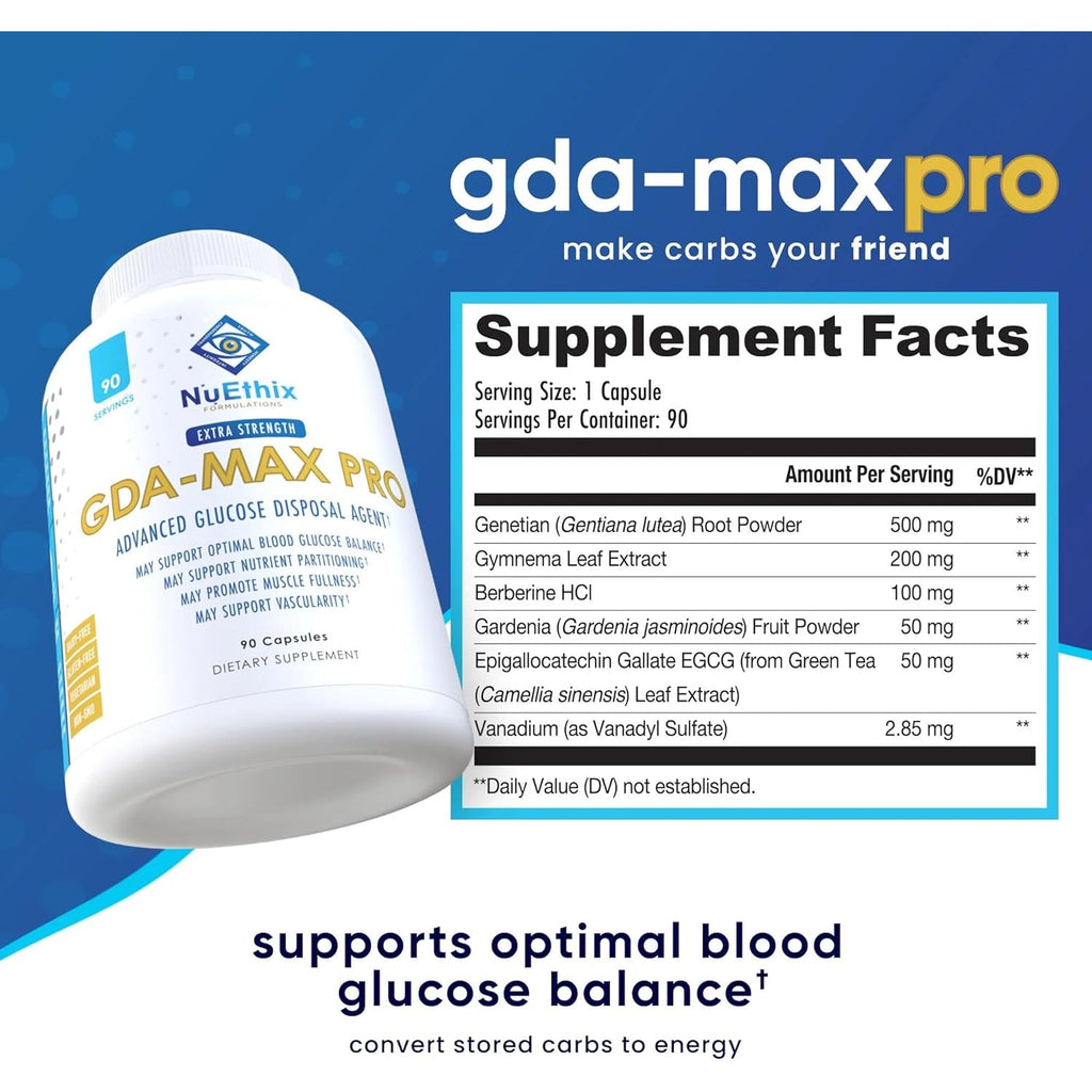 Nuethix Formulations GDA-MAX PRO, Double Berbine HCL Supplement, Supports Glucose Metabolism, Weight Management, Immune Support, Heart Health - Non GMO, Gluten Free, Dairy Free, 90 Count
