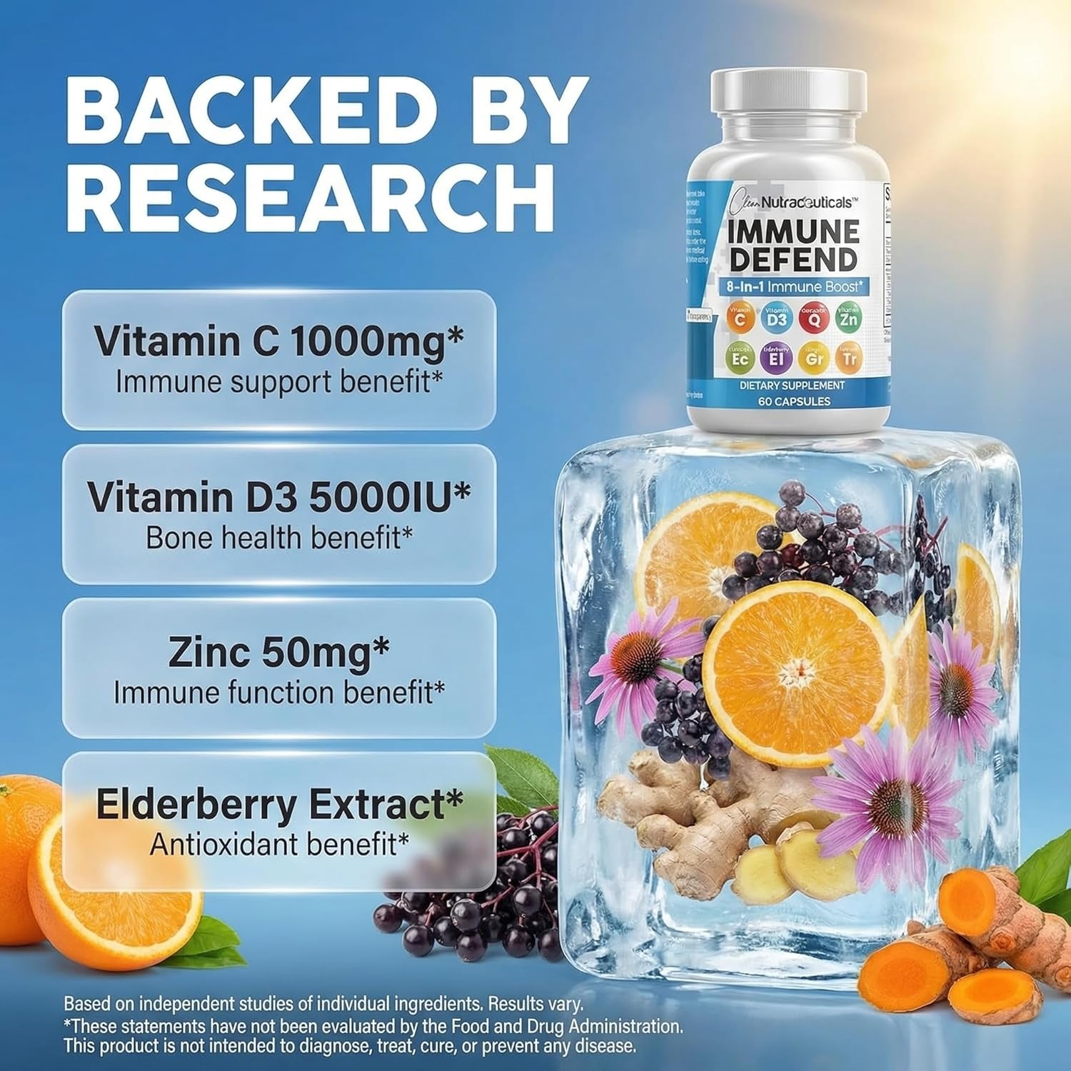 Clean Nutraceuticals Immune Defense Support Supplement 8 in 1 with Zinc 50Mg Quercetin, VIT C 1000Mg, Vitamin D3 5000 IU, Elderberry, Ginger - Immunity System Booster for Adults, Vegan - 60 Count