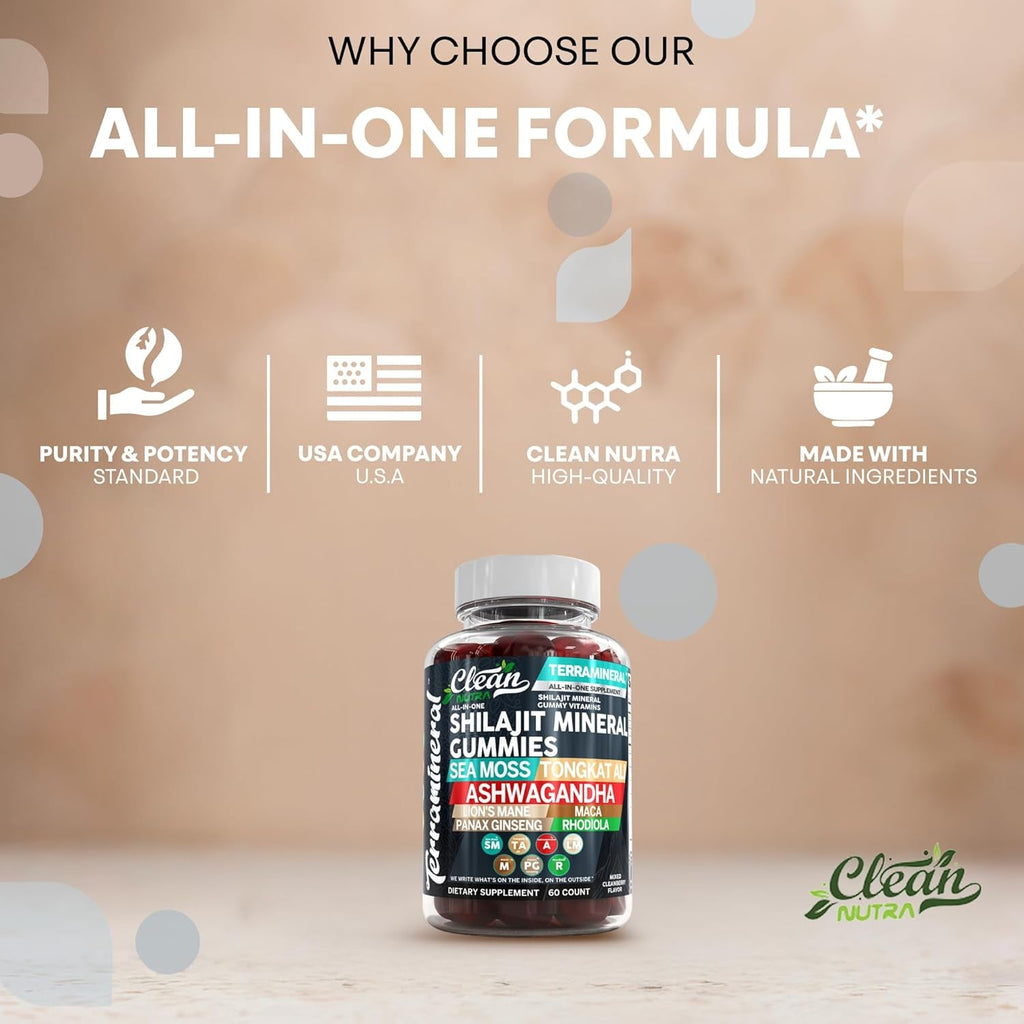Terramineral Shilajit Gummies with Irish Sea Moss Tongkat Ali Ashwagandha Lion'S Mane MACA Panax Ginseng Rhodiola & Cordyceps by Clean Nutra (1)