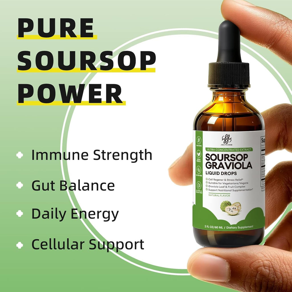 Imatchme Soursop Graviola Liquid Drop for Cell Support & Regeneration, Immune System and Gut Health Support, Soursop Bitters Liquid, Herbal Goodness, Sugar/Gluten Free, Natural Flavor, 2 Fl Oz
