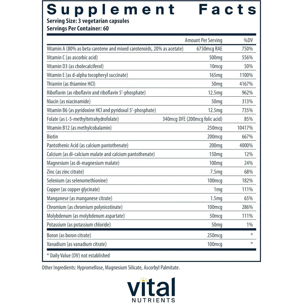 Vital Nutrients Multi-Nutrients (No Iron or Iodine) - Comprehensive Vegetarian Daily Multivitamin and Mineral Formula with Potent Antioxidants* - Gluten, Dairy, Soy Free - Non-Gmo - 180 Capsules