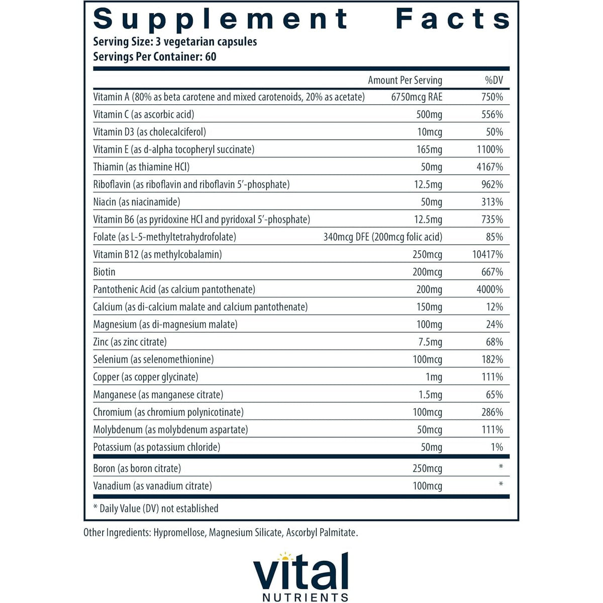 Vital Nutrients Multi-Nutrients (No Iron or Iodine) - Comprehensive Vegetarian Daily Multivitamin and Mineral Formula with Potent Antioxidants* - Gluten, Dairy, Soy Free - Non-Gmo - 180 Capsules