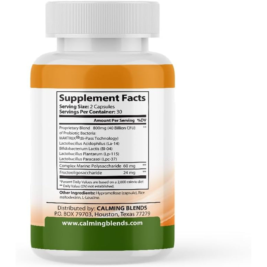 CALMING BLENDS Probiotic, 40 Billion CFU, Bi-Pass Delivery System for Maximum Effectiveness, Shelf Stable, 60 Vegetable Capsules