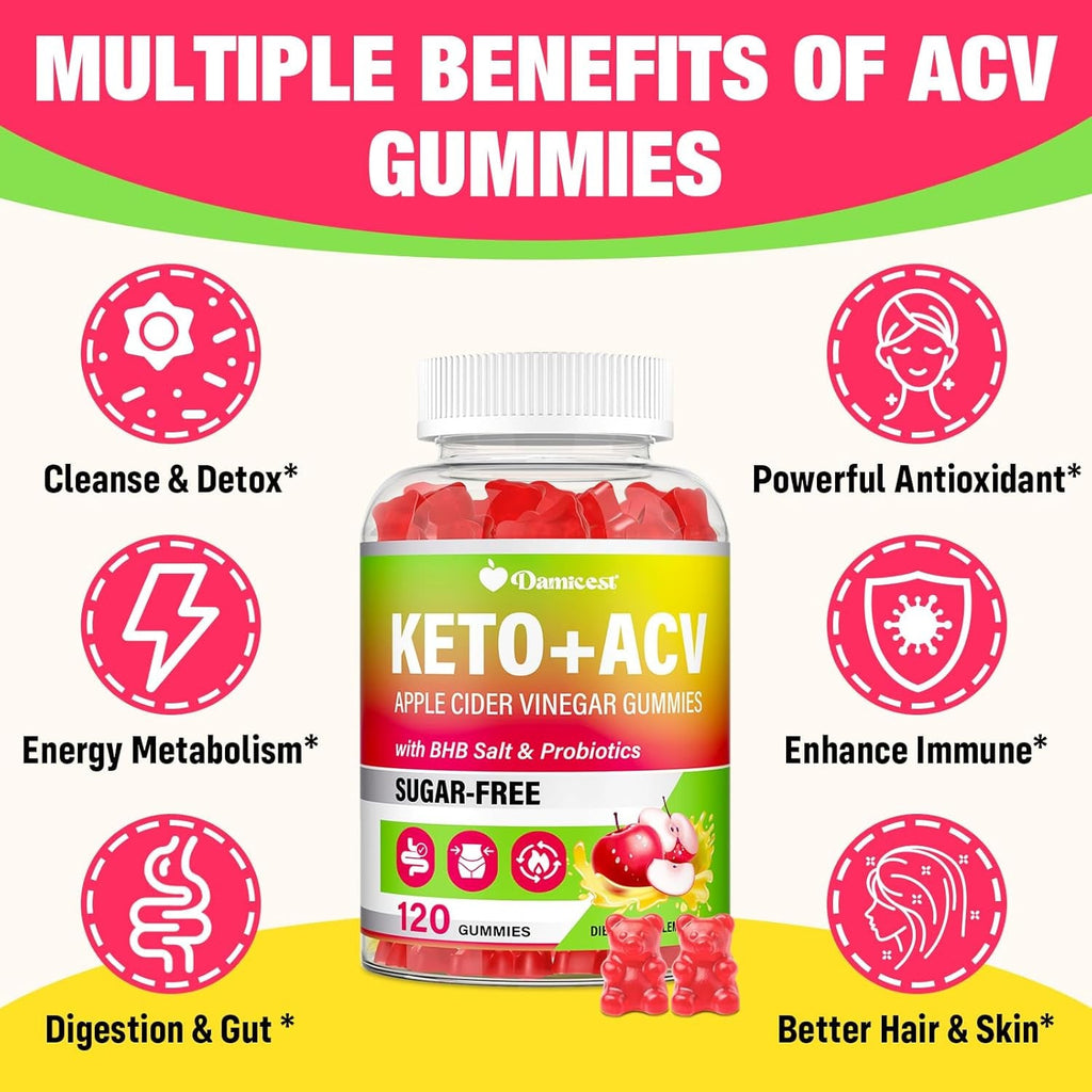 Apple Cider Vinegar Gummies, Keto ACV Gummies with the Mother, Advanced Formula with Probiotics, Vitamin B12 & Keto Blend, ACV for Cleanse & Detox, Metabolism, Digestion & Gut- Sugar Free, 120 Counts