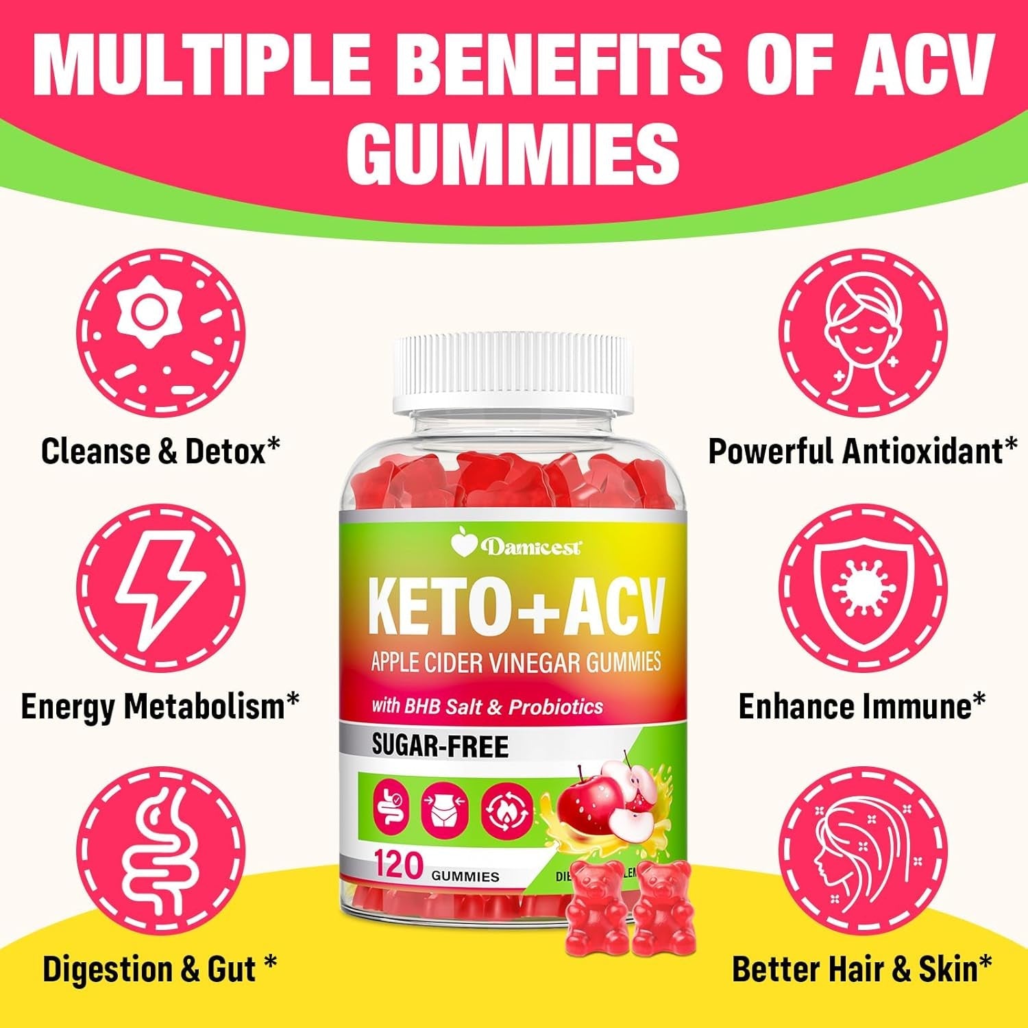 Apple Cider Vinegar Gummies, Keto ACV Gummies with the Mother, Advanced Formula with Probiotics, Vitamin B12 & Keto Blend, ACV for Cleanse & Detox, Metabolism, Digestion & Gut- Sugar Free, 120 Counts