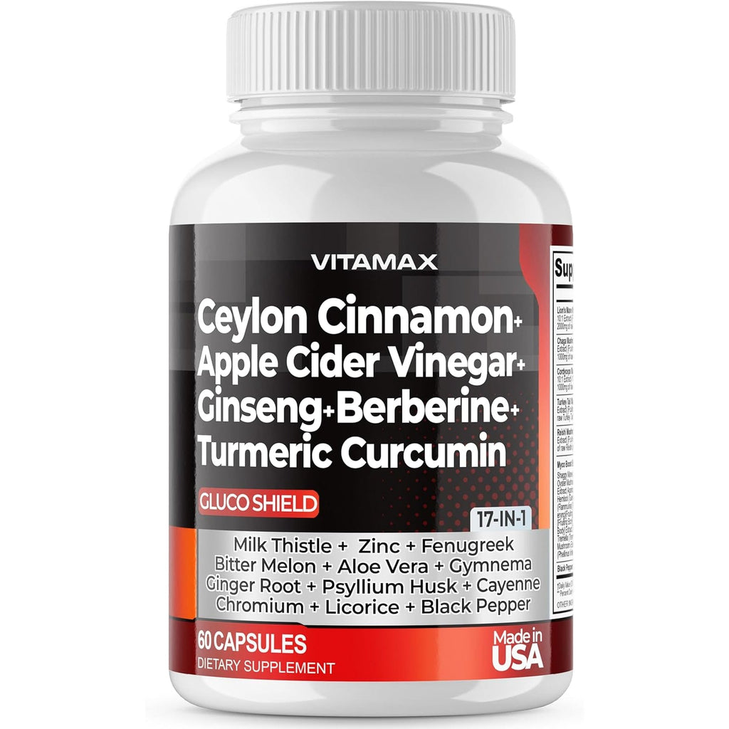Ceylon Cinnamon, Apple Cider Vinegar, Turmeric - Gluco Health Support - Panax Ginseng, Berberine, Bitter Melon Milk Thistle Fenugreek - Non GMO – Made in USA – 60Ct